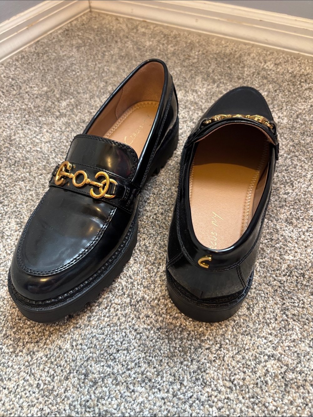 Black Women's Loafers with Gold Chain Accent